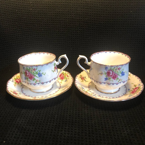 Sweet pair of Petit Point cups and saucers by Royal Albert - Picture 1 of 5